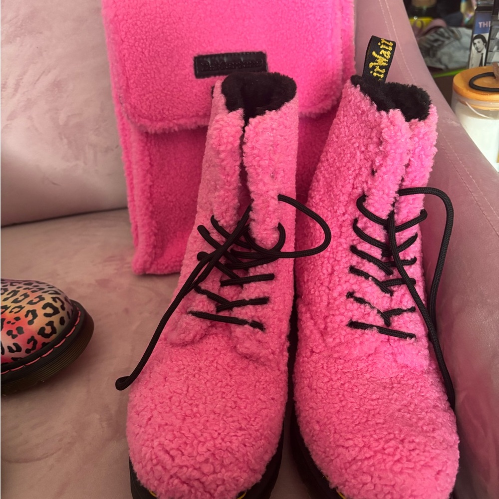 Dr. Martens Pink Combat Boots with Plush Texture